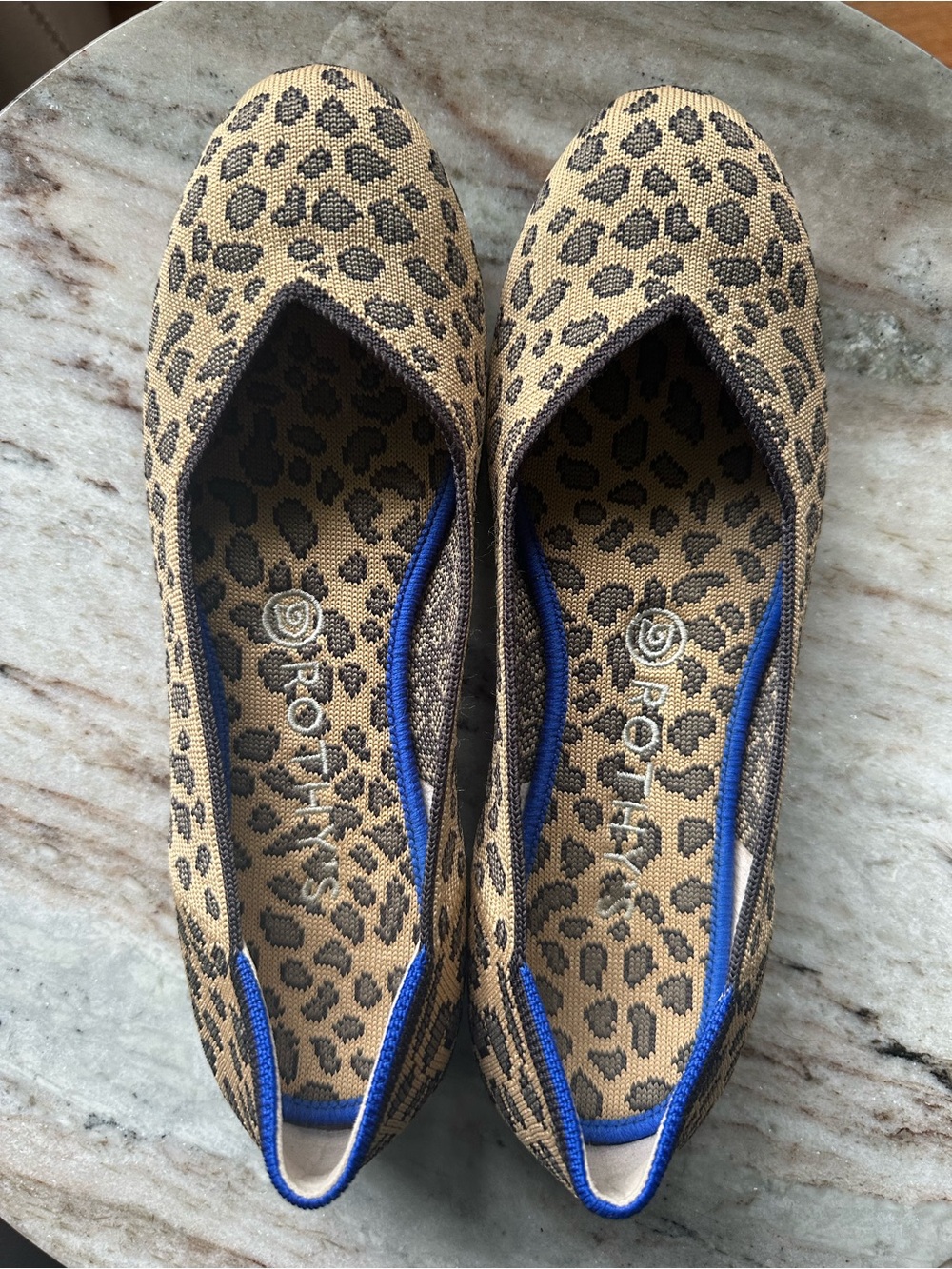 Rothy's Leopard Print Flats with Blue Trim